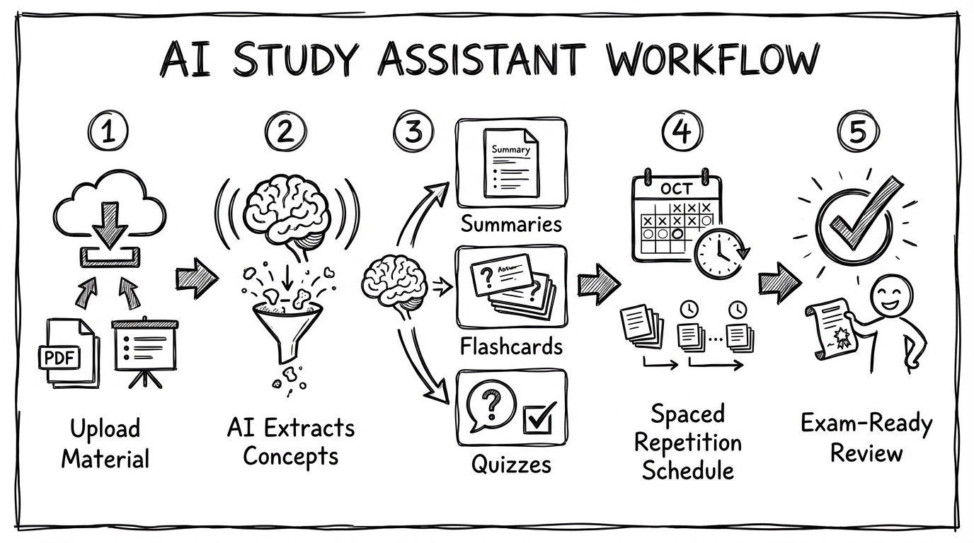 Whiteboard-Infografik: Workflow eines ki-lernassistenten von Upload über Extraktion bis spaced repetition