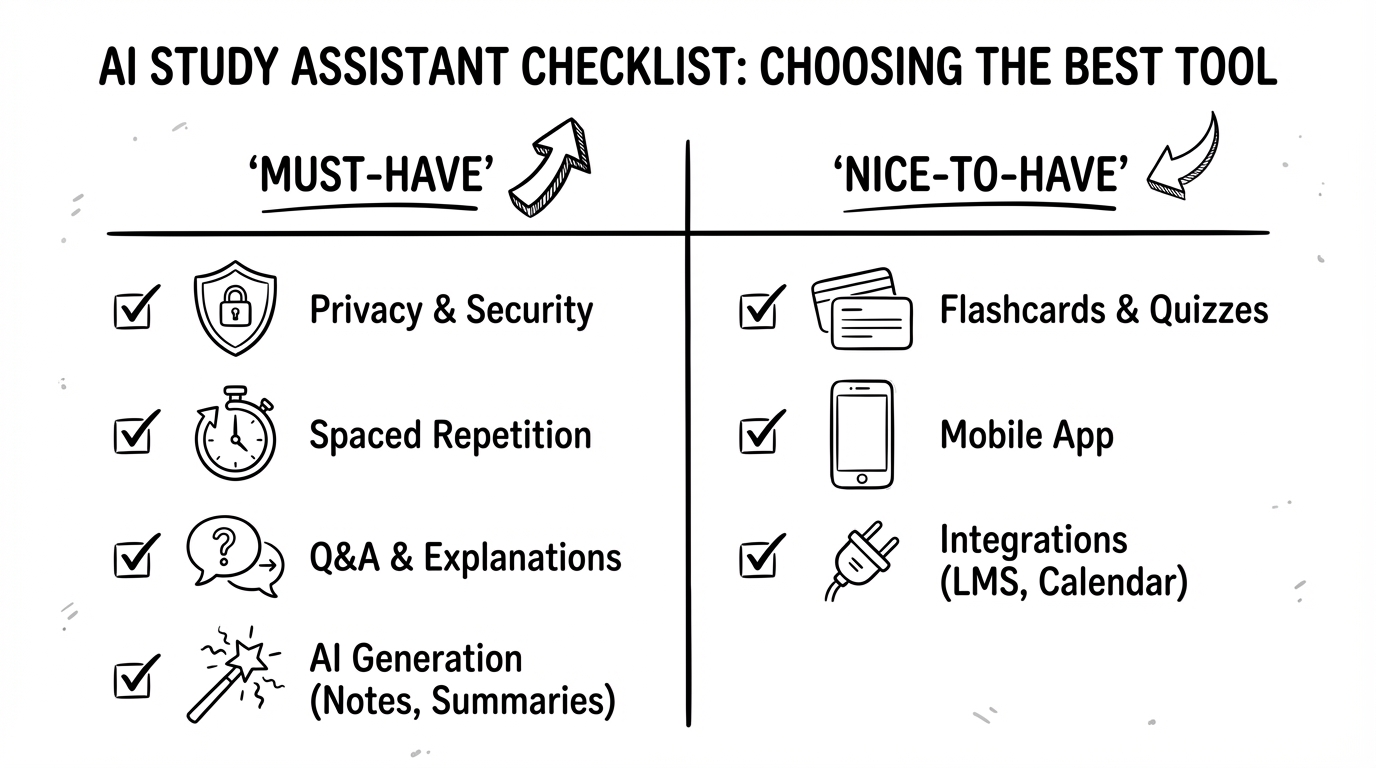 Whiteboard-Checkliste: Kriterien für den best ai study assistant (Datenschutz, Karteikarten, spaced repetition, Q&A, Integrationen, Mobile)
