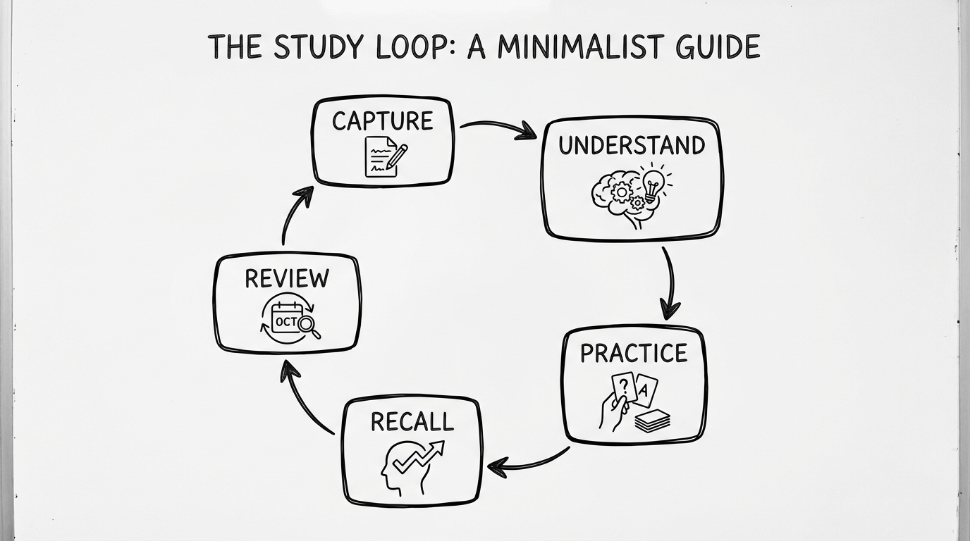 Infografik: Lernschleife Capture → Understand → Practice → Recall → Review