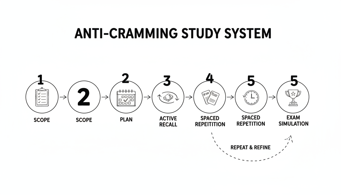 Infografik: 5 Schritte gegen Bulimie-Lernen – Scope, Plan, Active Recall, Spaced Repetition, Simulation