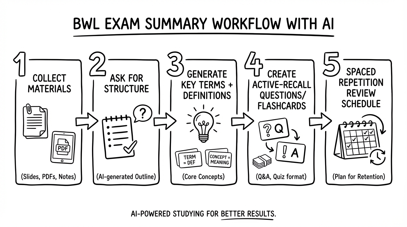 Whiteboard-Infografik: 5-Schritte-Workflow von BWL-Materialien über KI-Struktur bis zu Karteikarten und Wiederholplan