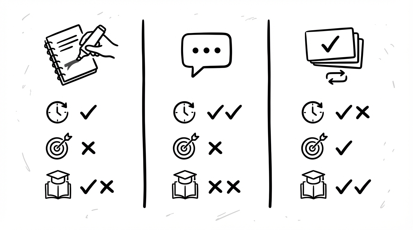 Whiteboard-Infografik: Vergleich manual zusammenfassen vs. generische KI-Zusammenfassung vs. KI-Workflow mit Verifikation, Karteikarten und Spaced Repetition
