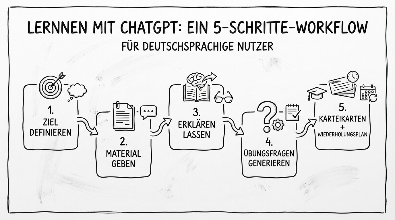 5-Schritte-Workflow: Ziel definieren, Kontext geben, erklären lassen, Übungsfragen, Karteikarten + Wiederholungsplan