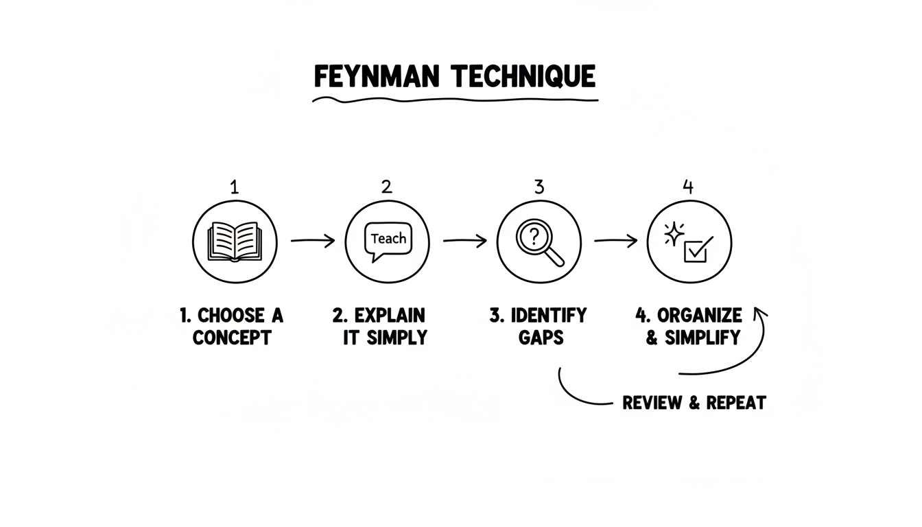Infographic: the 4 steps of the Feynman technique (pick a concept, explain simply, find gaps, refine and test)