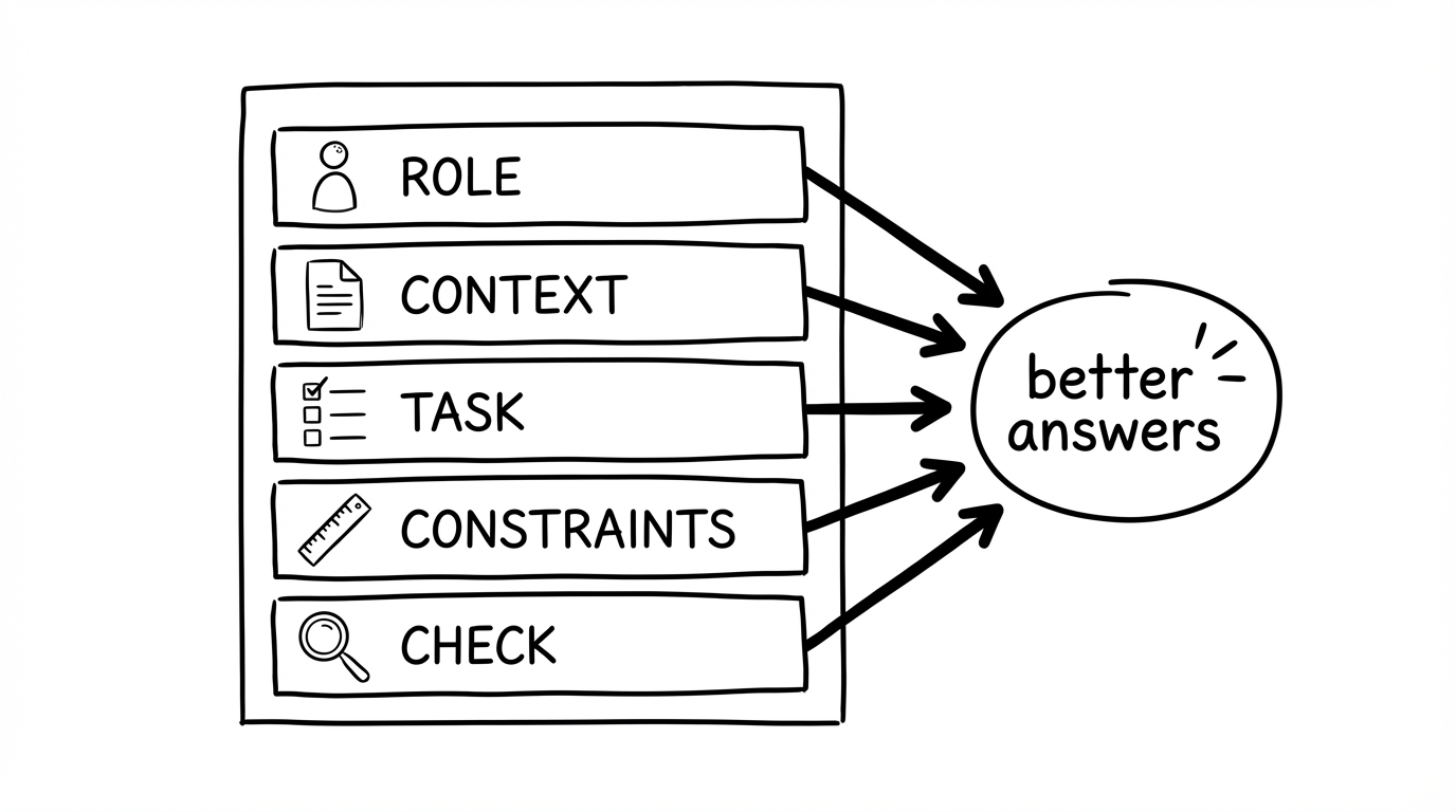 Prompt template for studying with ChatGPT: role, context, task, constraints, check