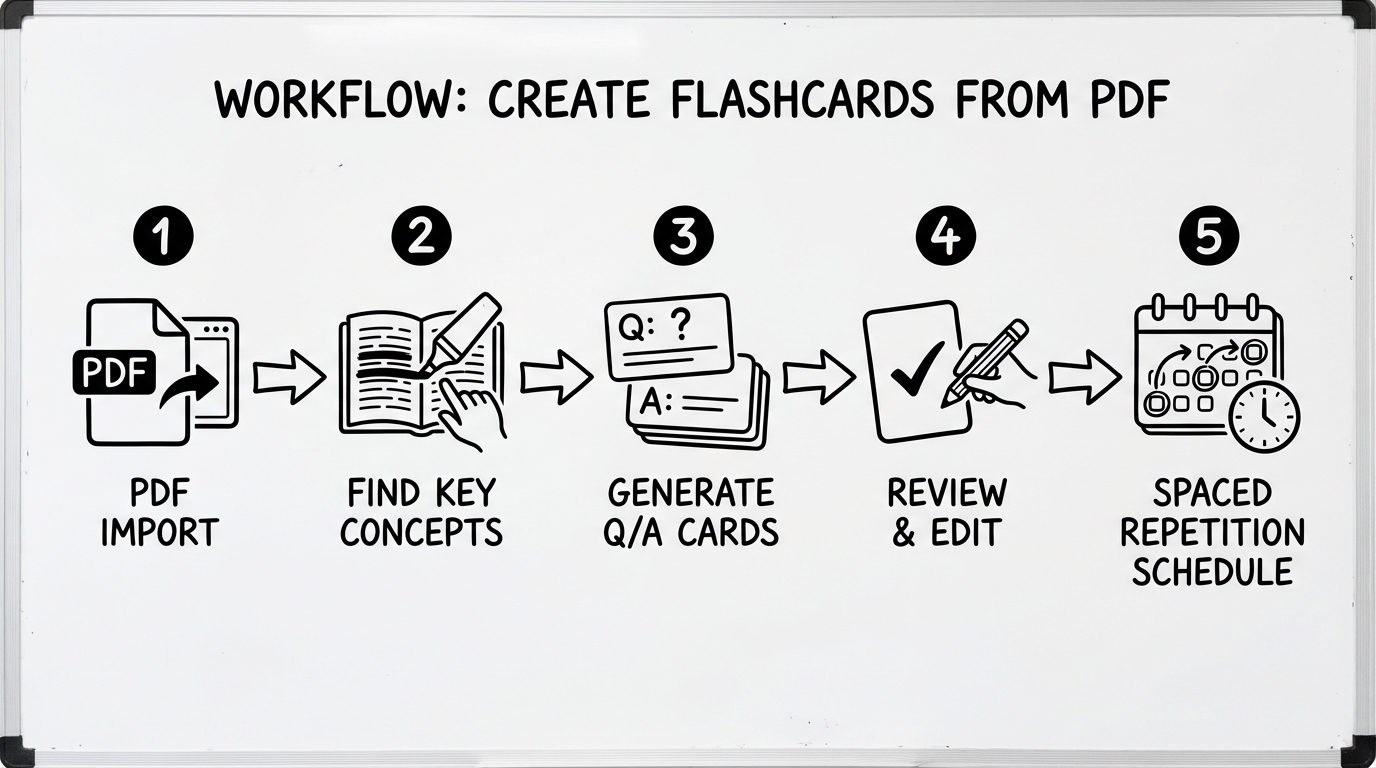 Infographic: PDF to flashcards workflow—import, extract concepts, generate Q/A, review, spaced repetition
