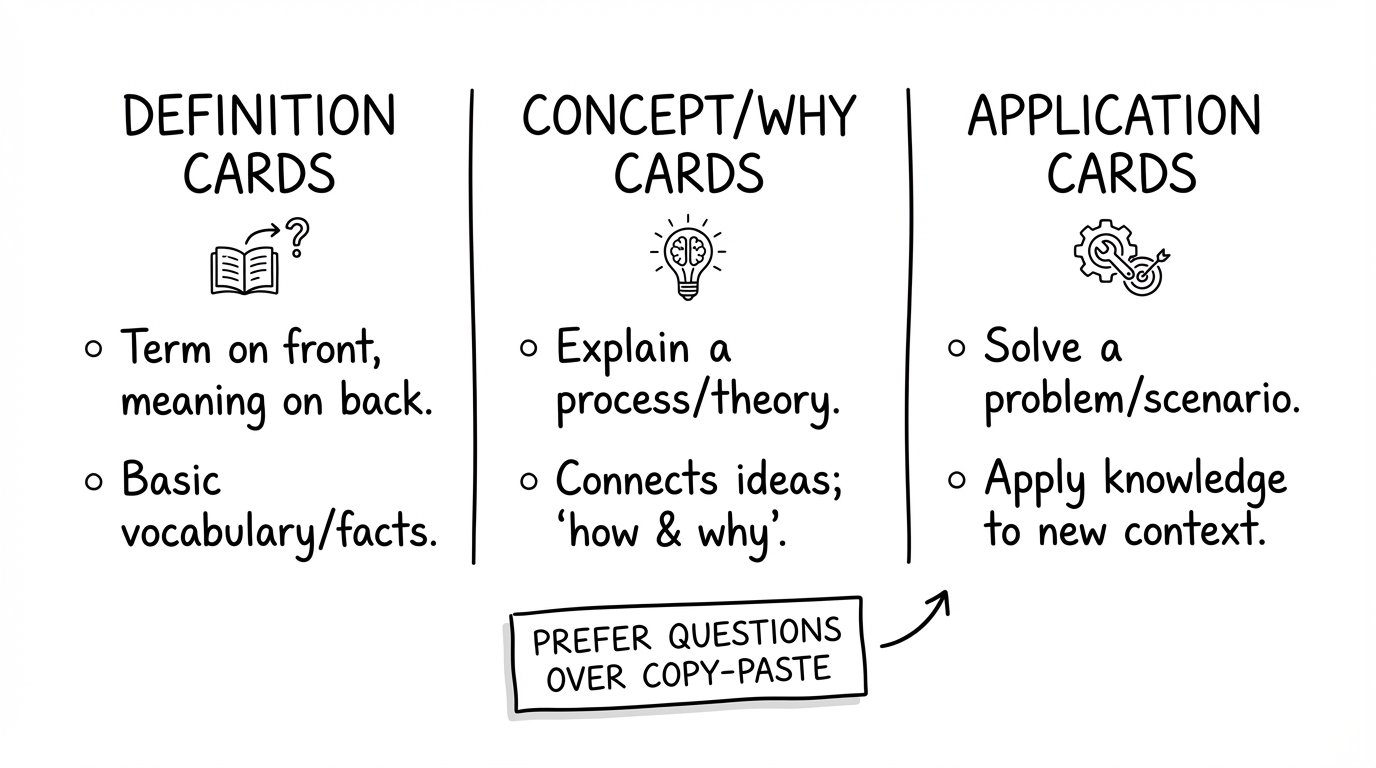 Infographic: three flashcard types from PDFs—definitions, concept/why questions, and application questions