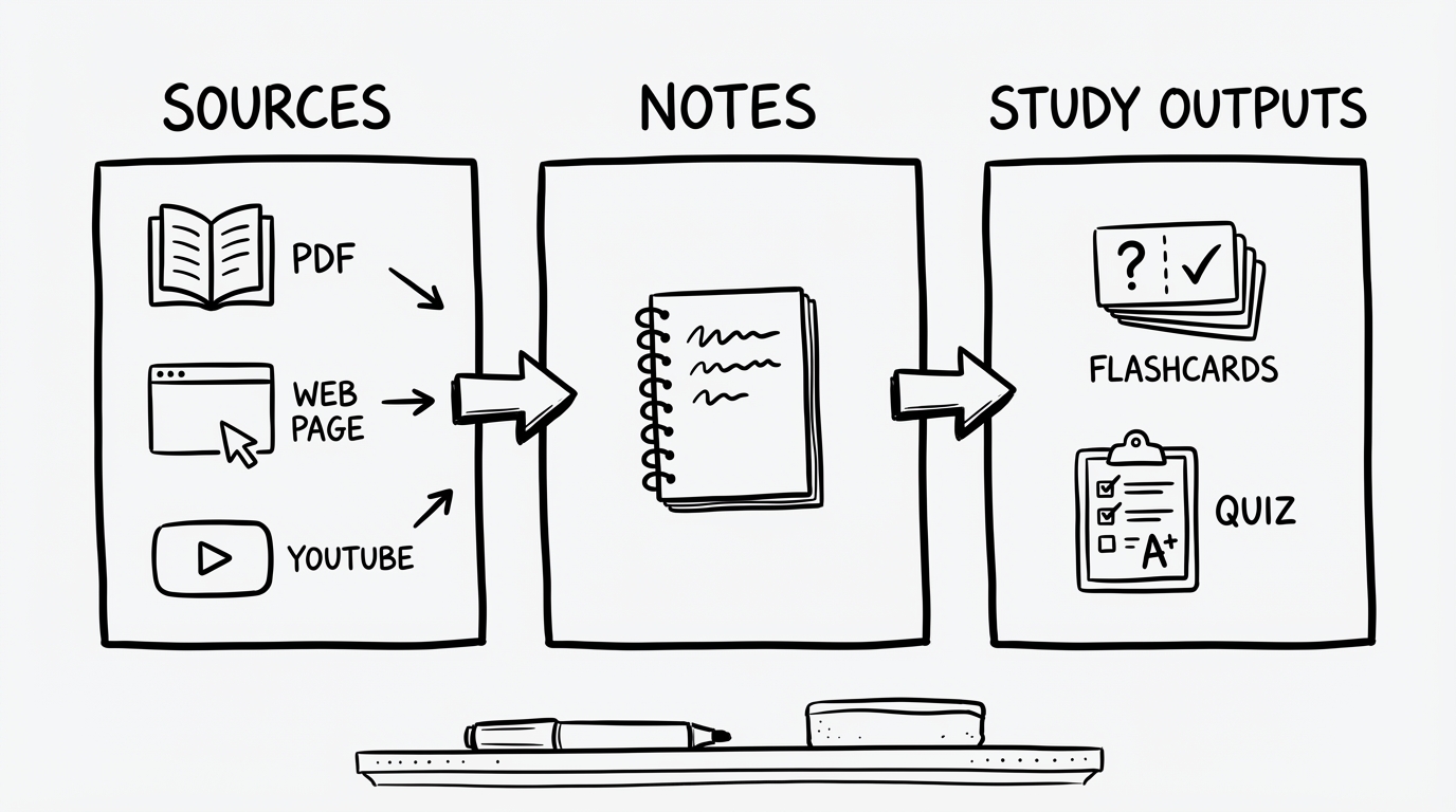 Whiteboard infographic showing a pipeline from sources to notes to study outputs like flashcards and quizzes