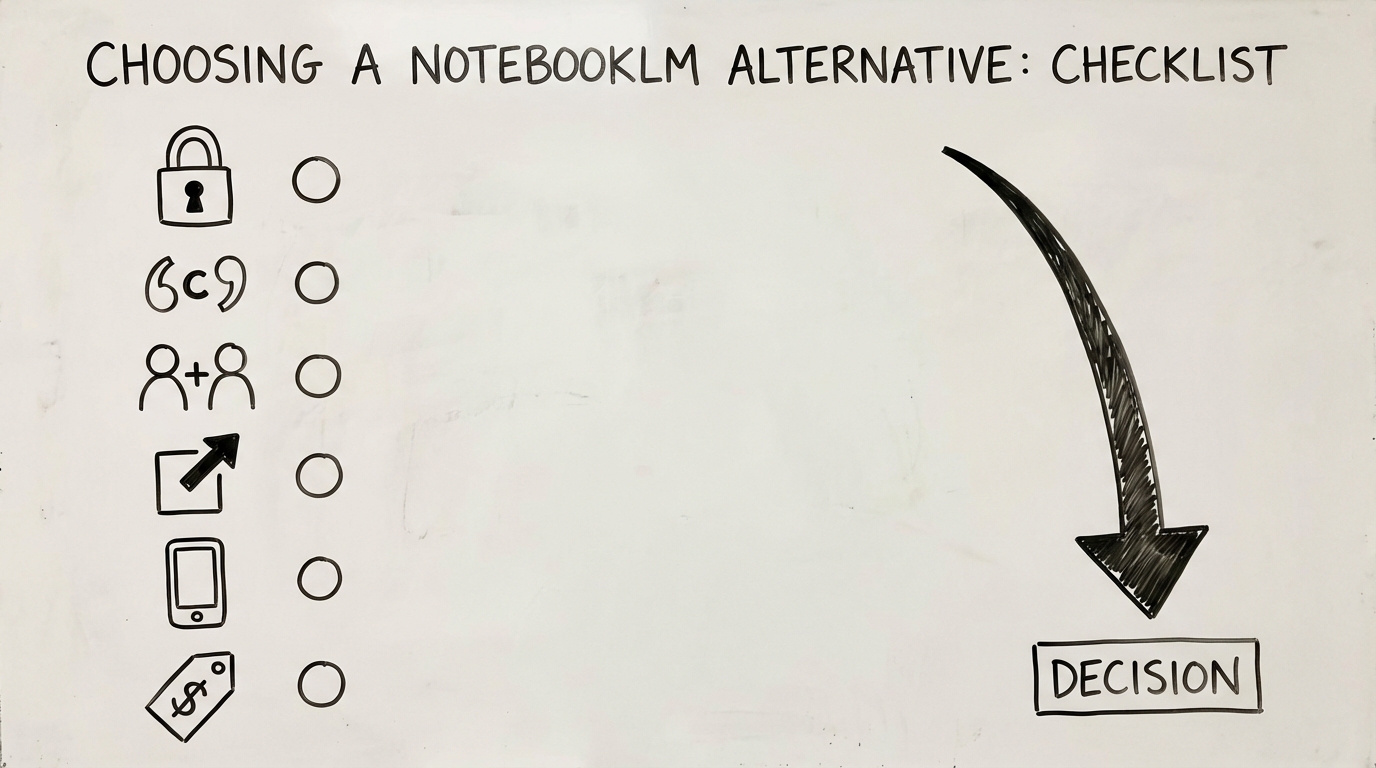 Whiteboard infographic checklist for choosing a NotebookLM alternative