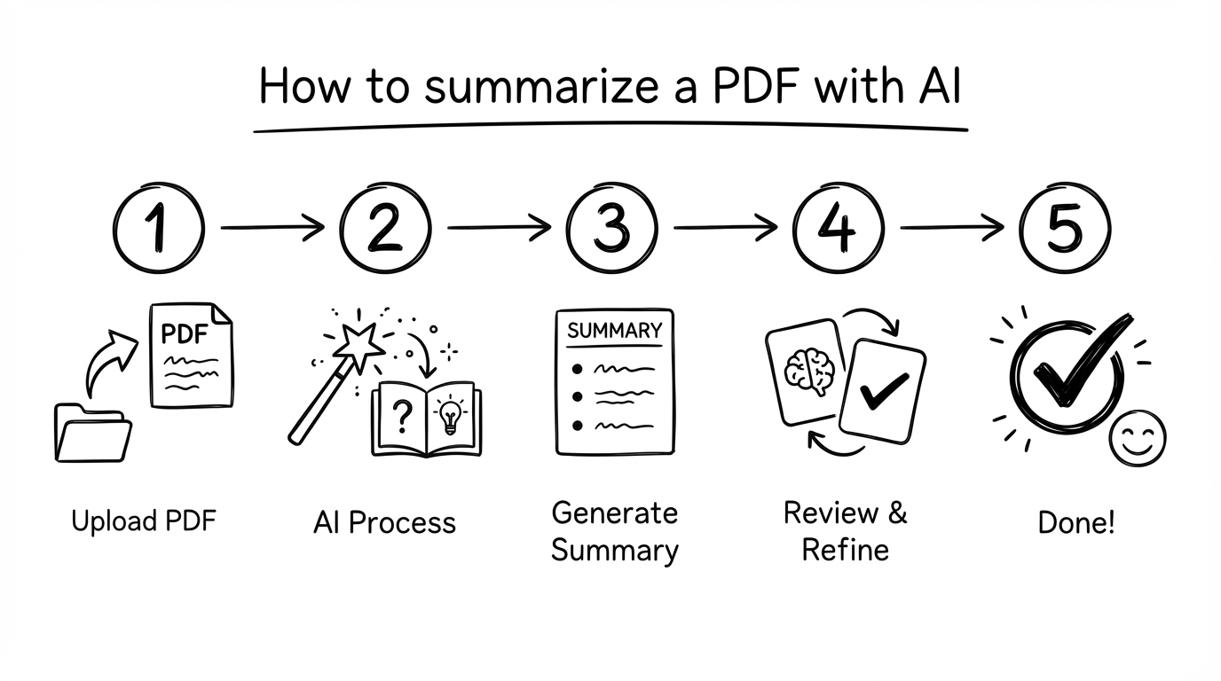 Whiteboard-Workflow: 5 Schritte zum PDF zusammenfassen mit KI (Ziel, Zusammenfassung, Prüfung, Fragen/Karteikarten, Wiederholung)