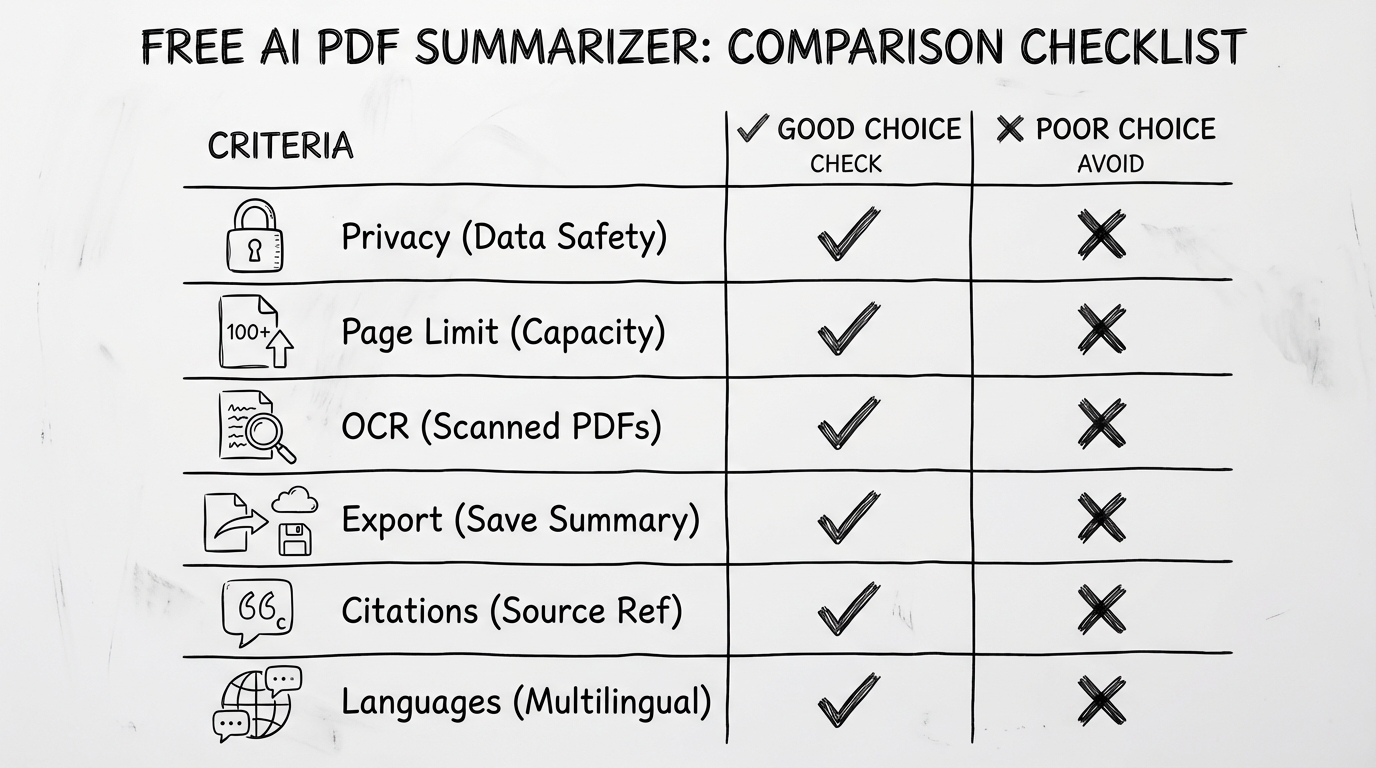 Whiteboard-Checkliste: Kriterien für ein Tool zum PDF zusammenfassen mit KI (Datenschutz, Limits, OCR, Export, Quellen, Sprachen)