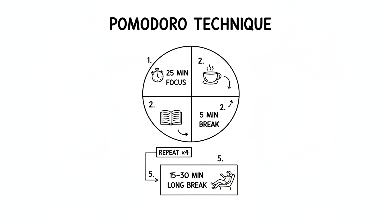 Pomodoro Zyklus: 25 Minuten Fokus, 5 Minuten Pause, nach 4 Blöcken lange Pause