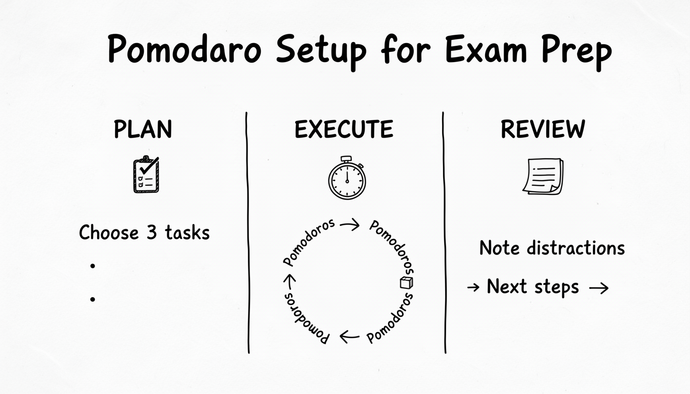 Pomodoro Setup für Prüfungen: Planen, Ausführen, Review mit Notizen zu Ablenkungen