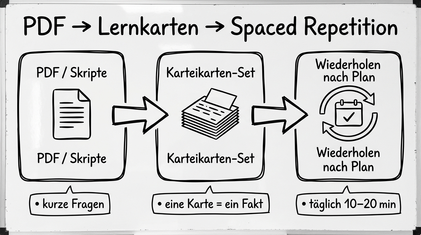 Workflow-Grafik: PDF zu Karteikarten und Spaced Repetition