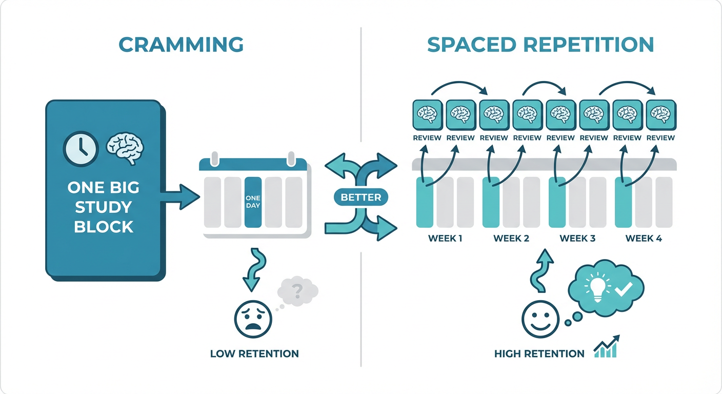 Infografik: Spaced Repetition verteilt kurze Lernsessions über mehrere Tage, statt alles zu crammen