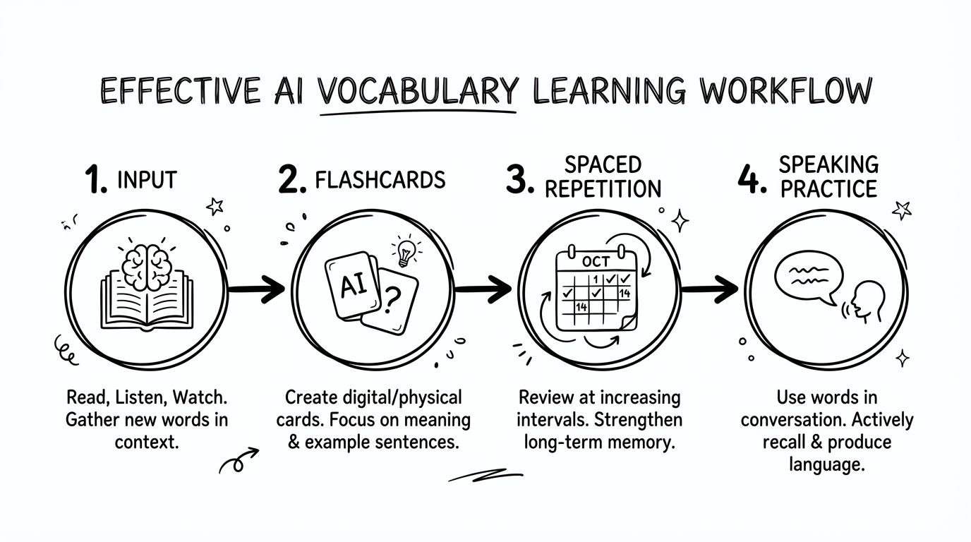 Infographic: a 4-step AI vocabulary workflow (input, cards, spaced repetition, speaking)