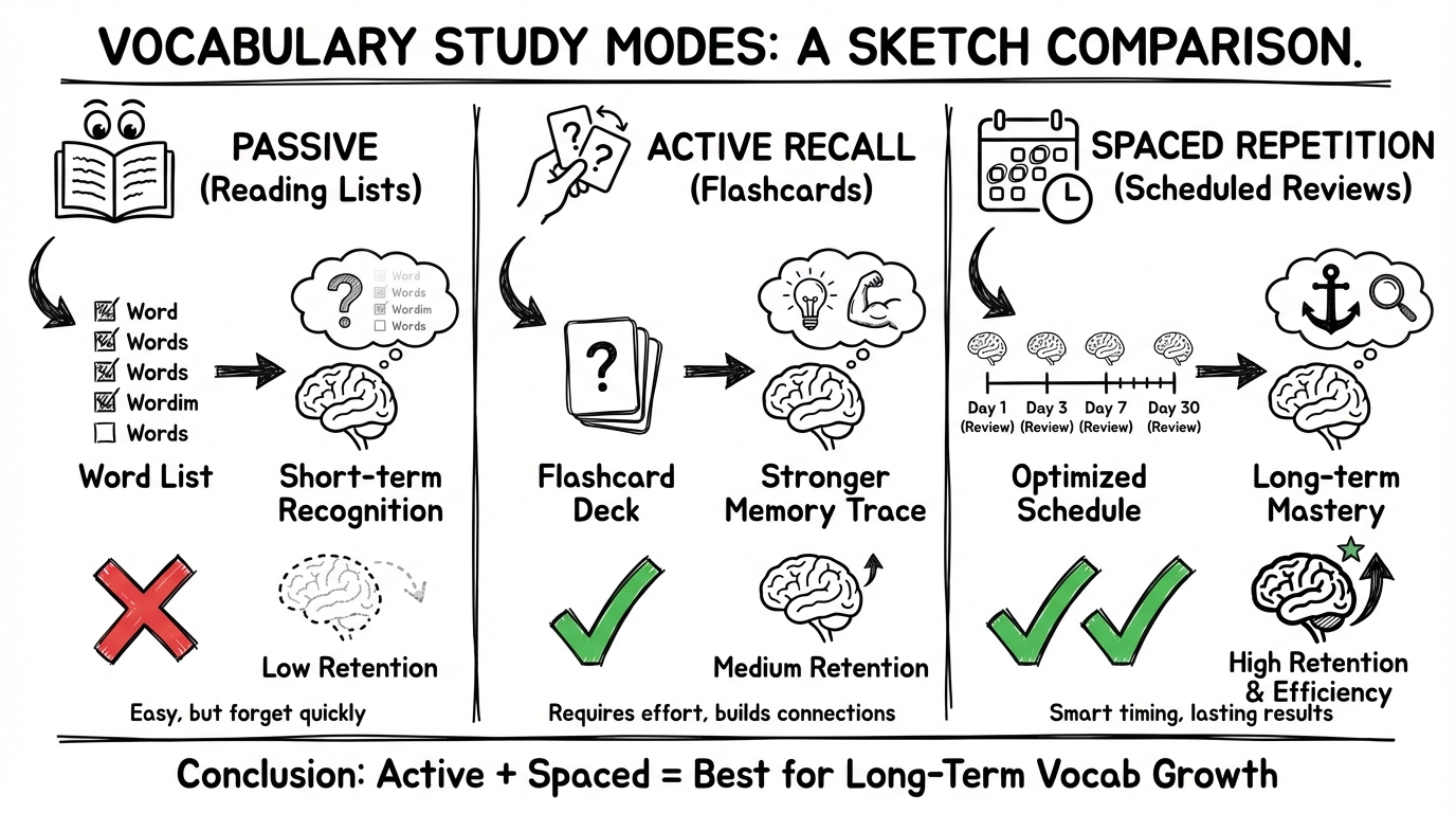 Infografik: Passiv vs Active Recall vs Spaced Repetition beim Vokabellernen