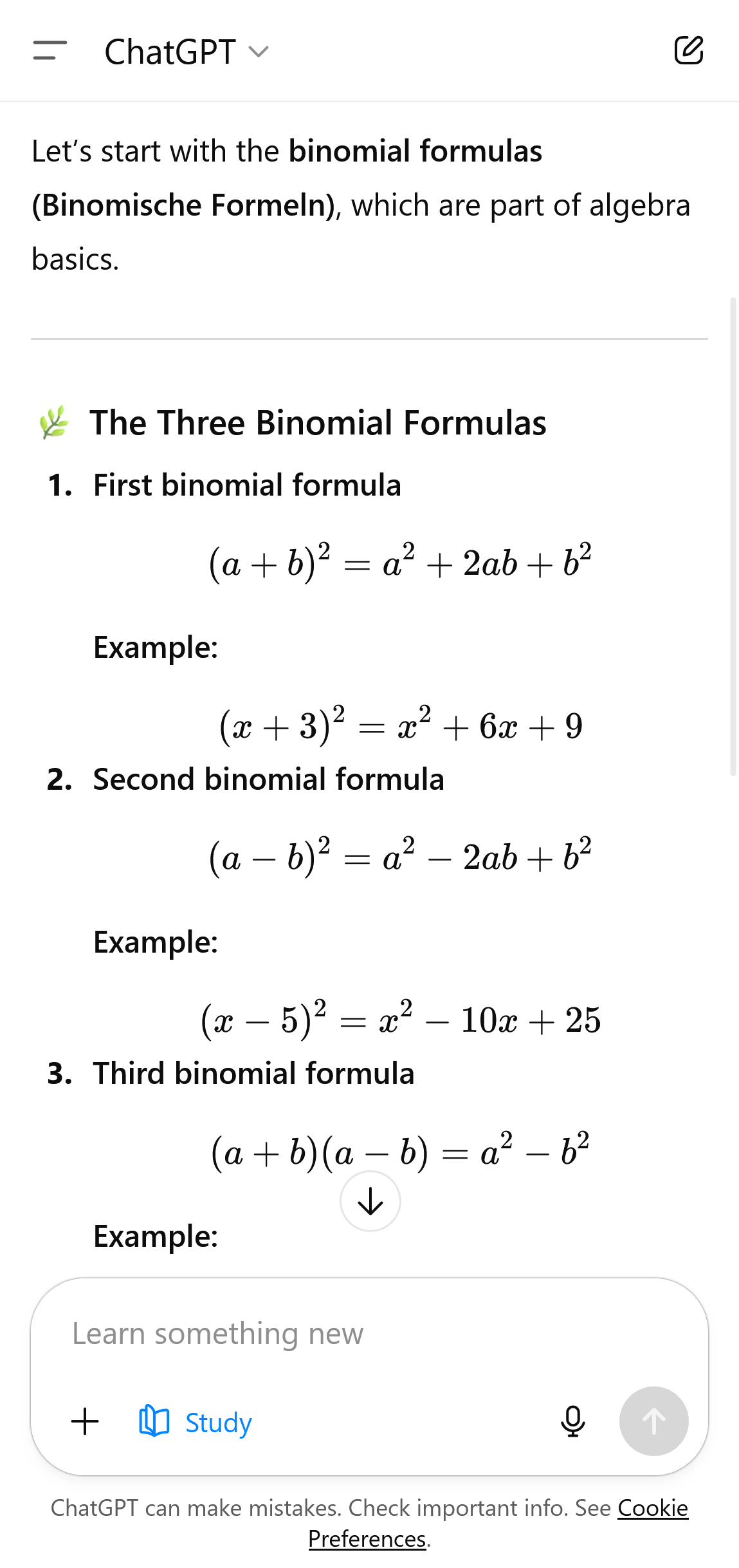 A screenshot showing the ChatGPT chat interface in learning mode. ChatGPT is asking follow-up questions about binomial formulas, explaining them step-by-step for the user.