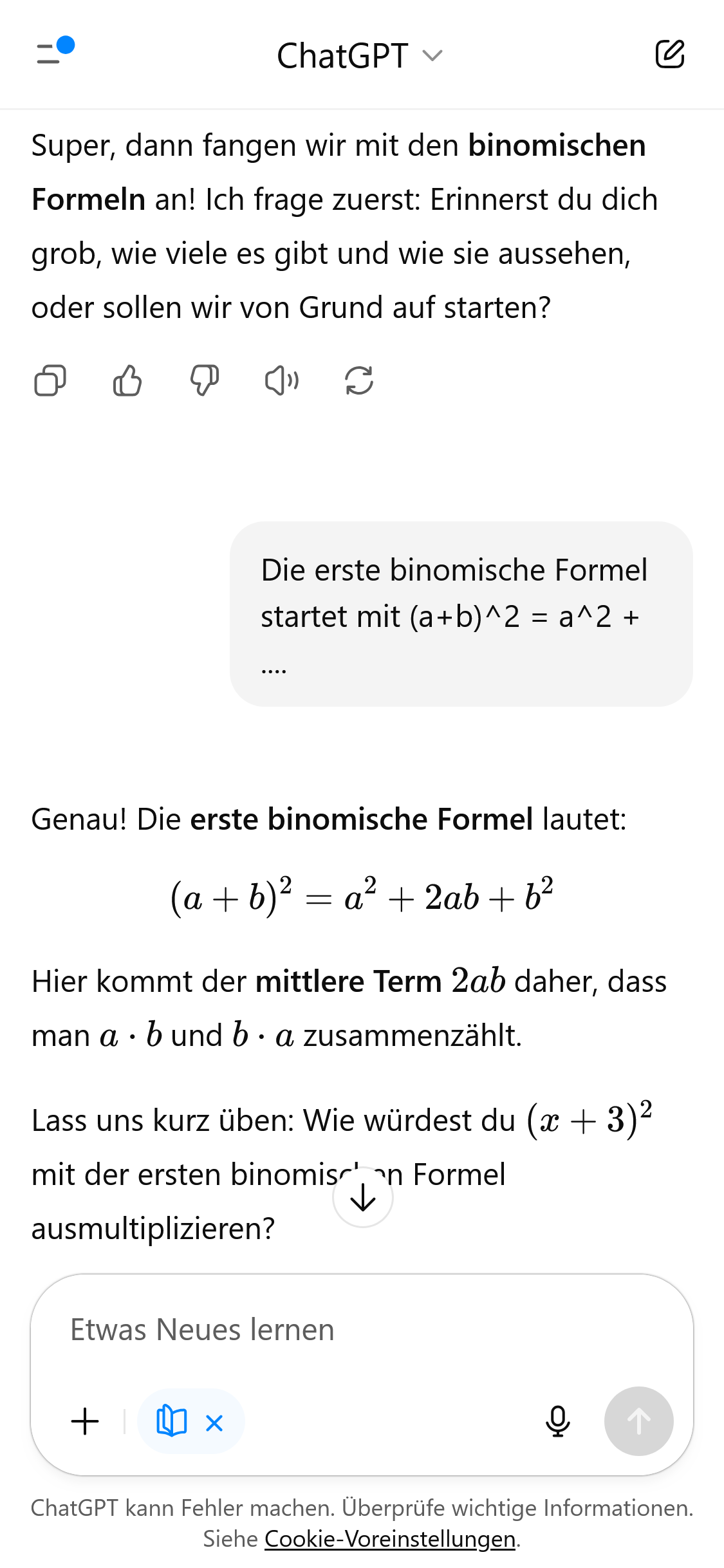Ein Screenshot zeigt das Chat-Interface von ChatGPT im Lernmodus. ChatGPT stellt Rückfragen zu den binomischen Formeln und erklärt diese Schritt für Schritt interaktiv für den Nutzenden.