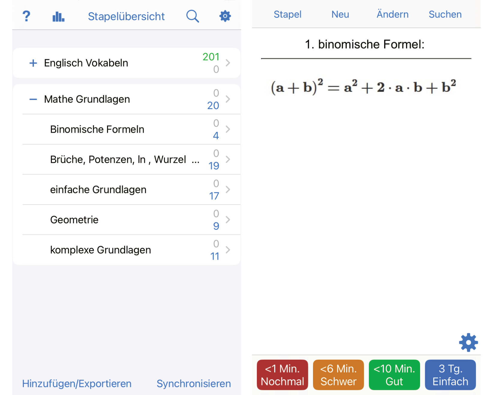 Ein Bilderkollage aus zwei Bildern mit Screenshots der Lernapp Anki. Ein Screenshot zeigt die Startseite mit dem Stapeln der Karteikarten. Der andere Screenshot zeigt eine aufgedeckte Karteikarte zu den binomischen Formeln im Lernmodus mit den Antwort-Buttons "Nochmal", "Schwer", "Gut", "Einfach".