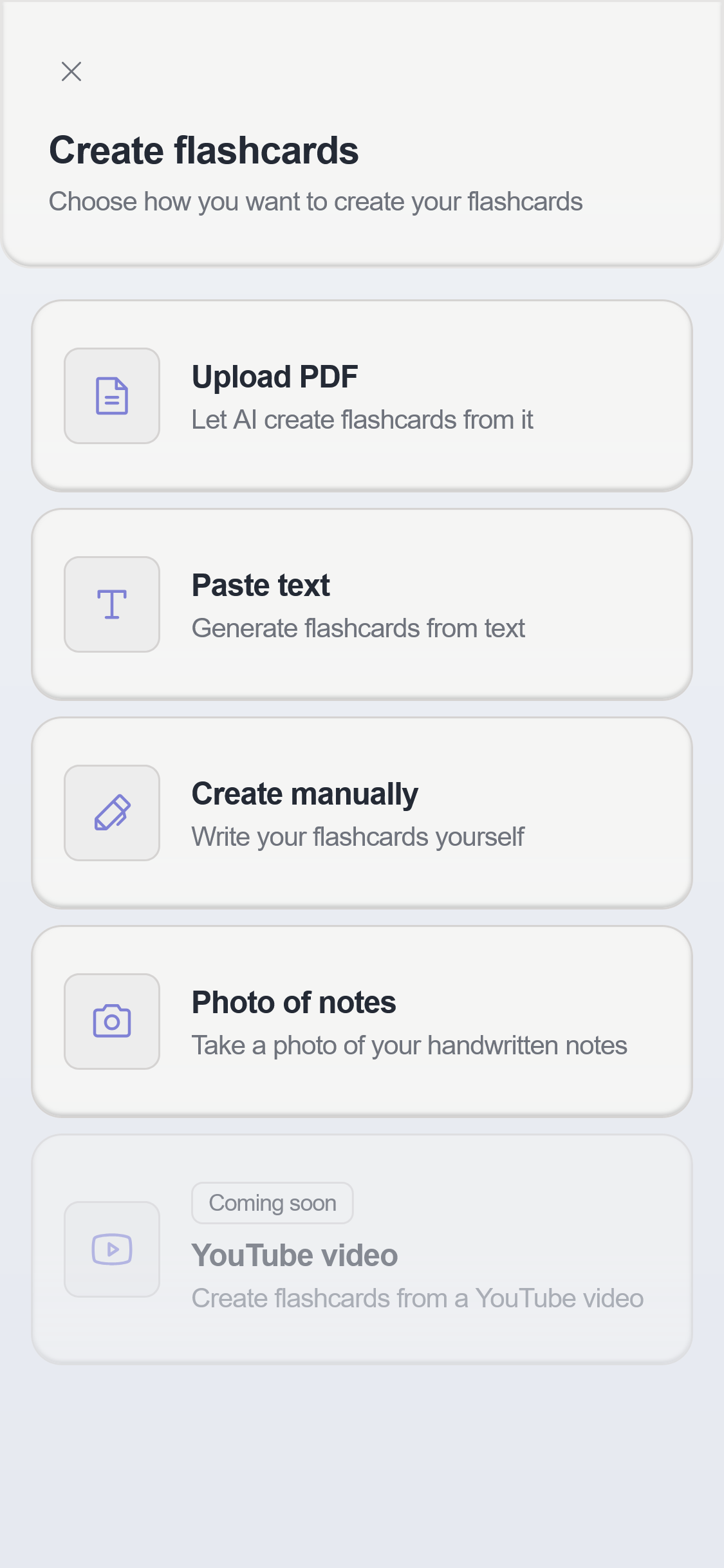 Screenshot showing the options to create flashcards in okti: "Upload PDF", "Paste Text" and "Photo of Notes". YouTube option is shown as coming soon.