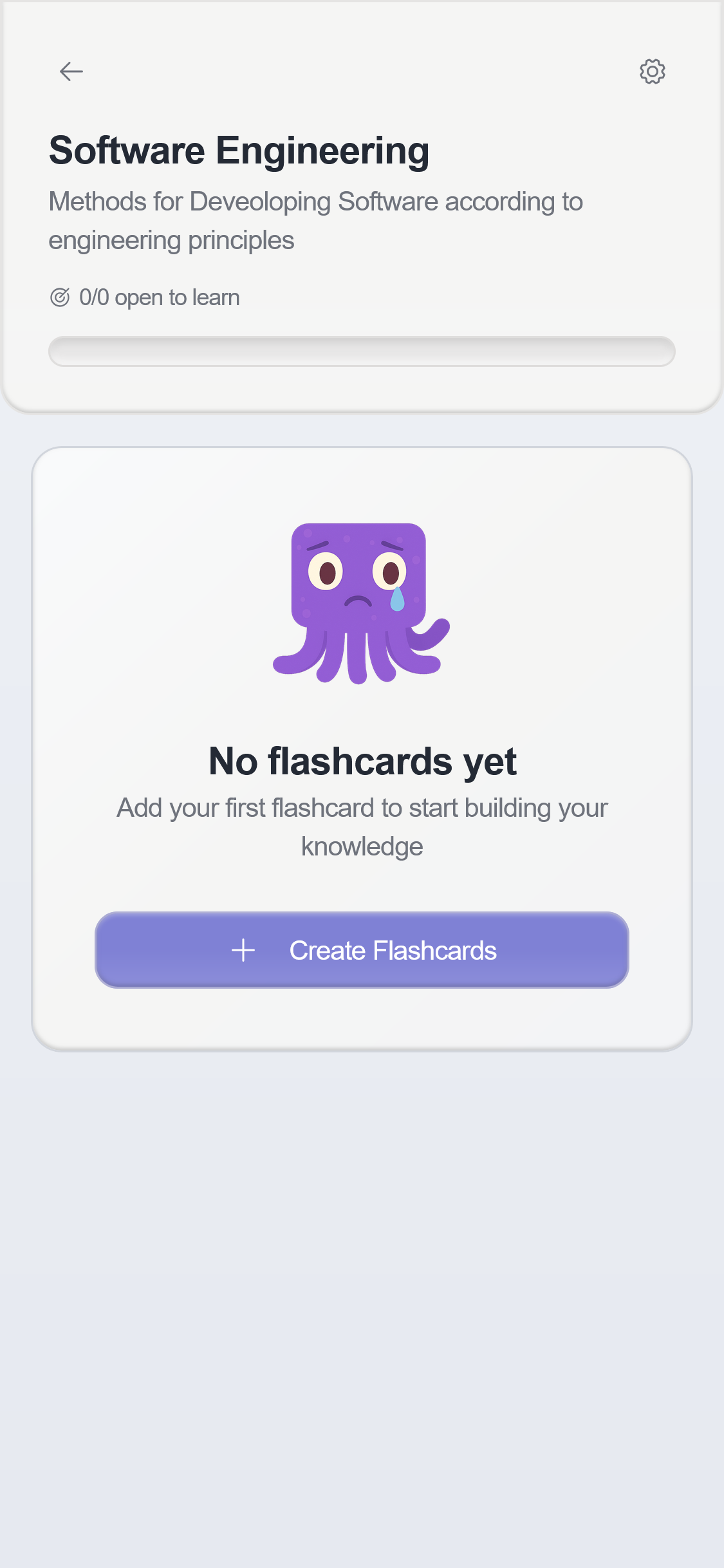 Screenshot of a decks detail view in the okti app, highlighting the "+ Create Card" button to add new flashcards.
