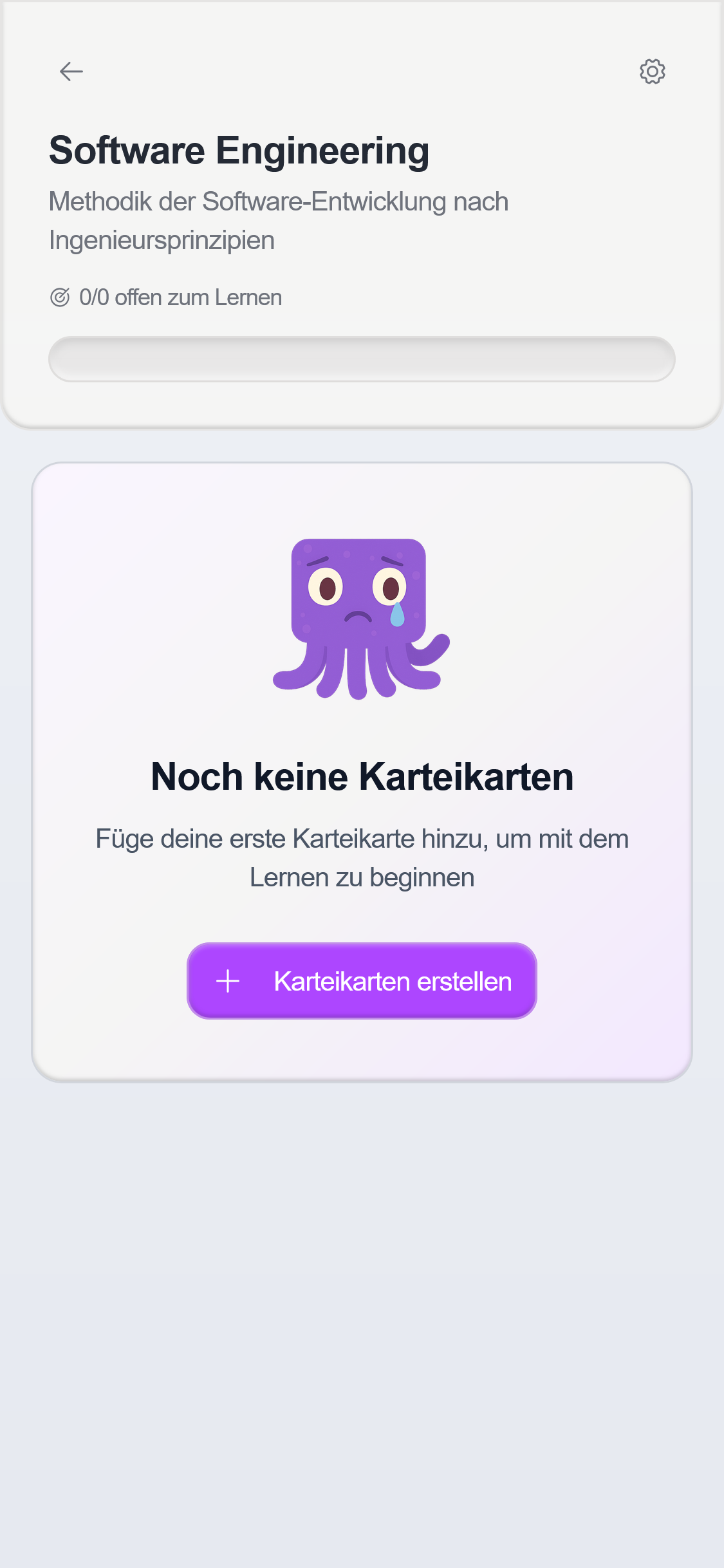 Ein Screenshot zeigt die Detailansicht eines Decks in der KI-Lernapp okti mit dem Button "+ Karteikarte erstellen"