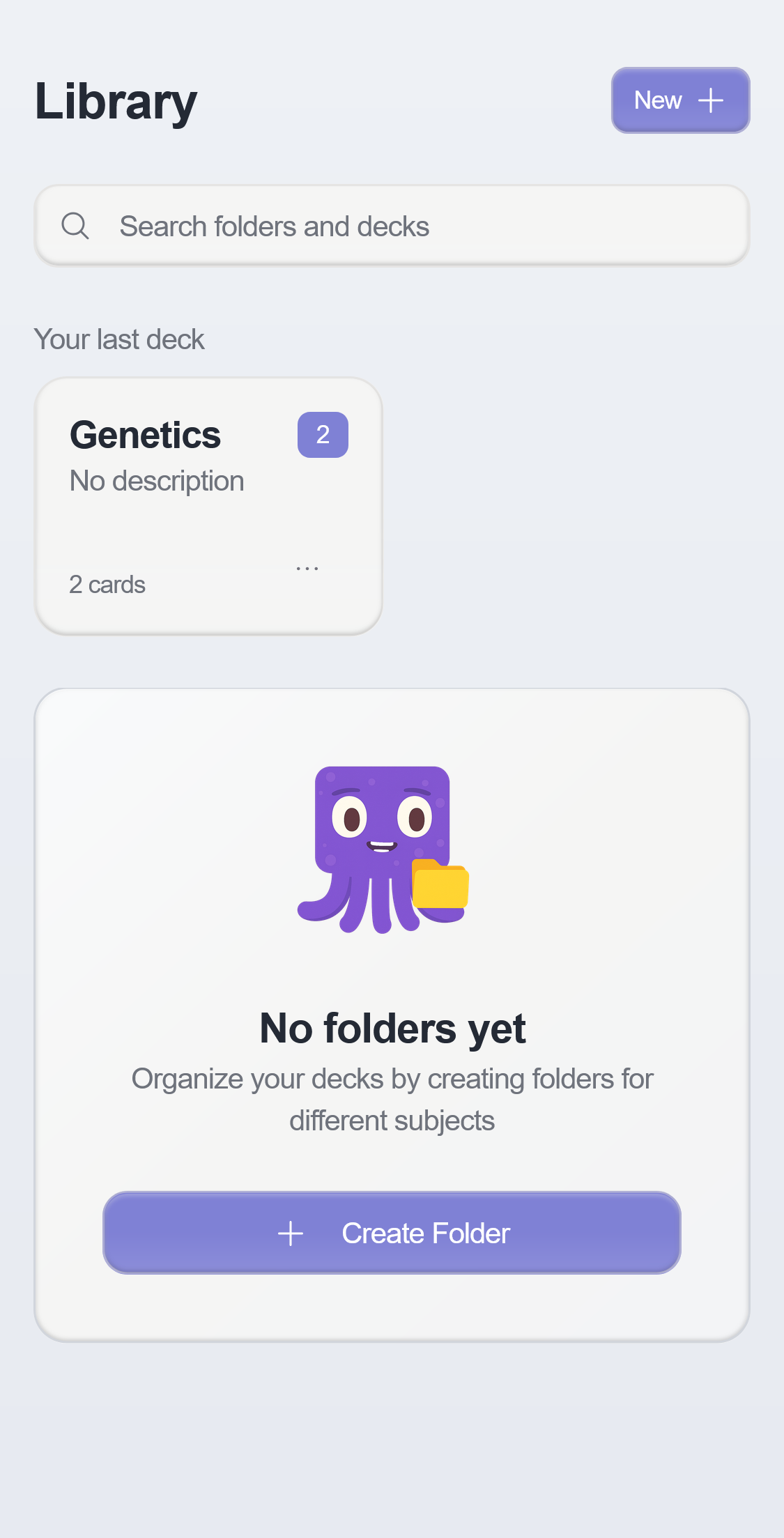 Screenshot showing how to create a new flashcard deck in the okti app library, with the "New +" button highlighted.
