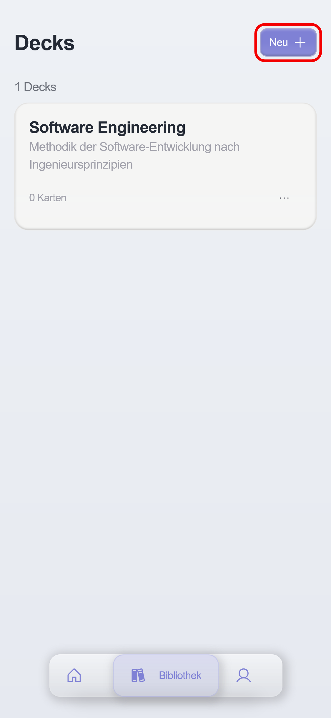 Ein Screenshot zeigt wie man über die Bibliothek ein neues Deck in der KI-Lernapp okti erstellt. Der Button "Neu +" befindet sich in der oberen rechten Ecke des Bildschirms und ist hier rot umrandet.