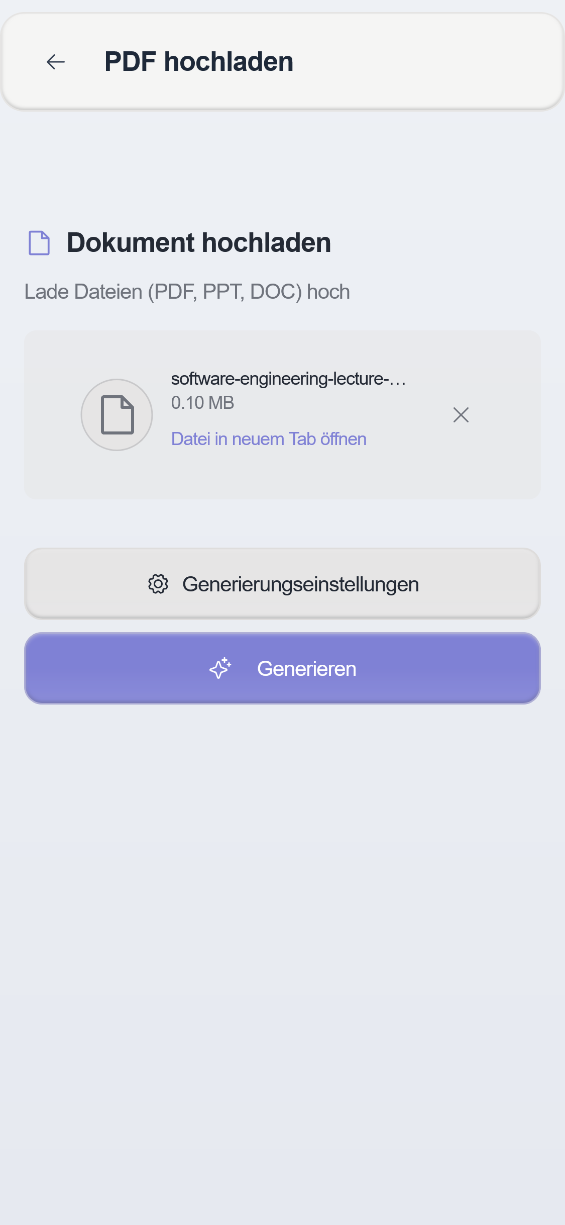 Ein Screenshot zeigt wie man Karteikarten aus einer Datei (PDF .pdf) in der KI-Lernapp okti generieren kann, indem man eine Datei in das Eingabefeld zieht und auf den Button "Generieren" klickt.