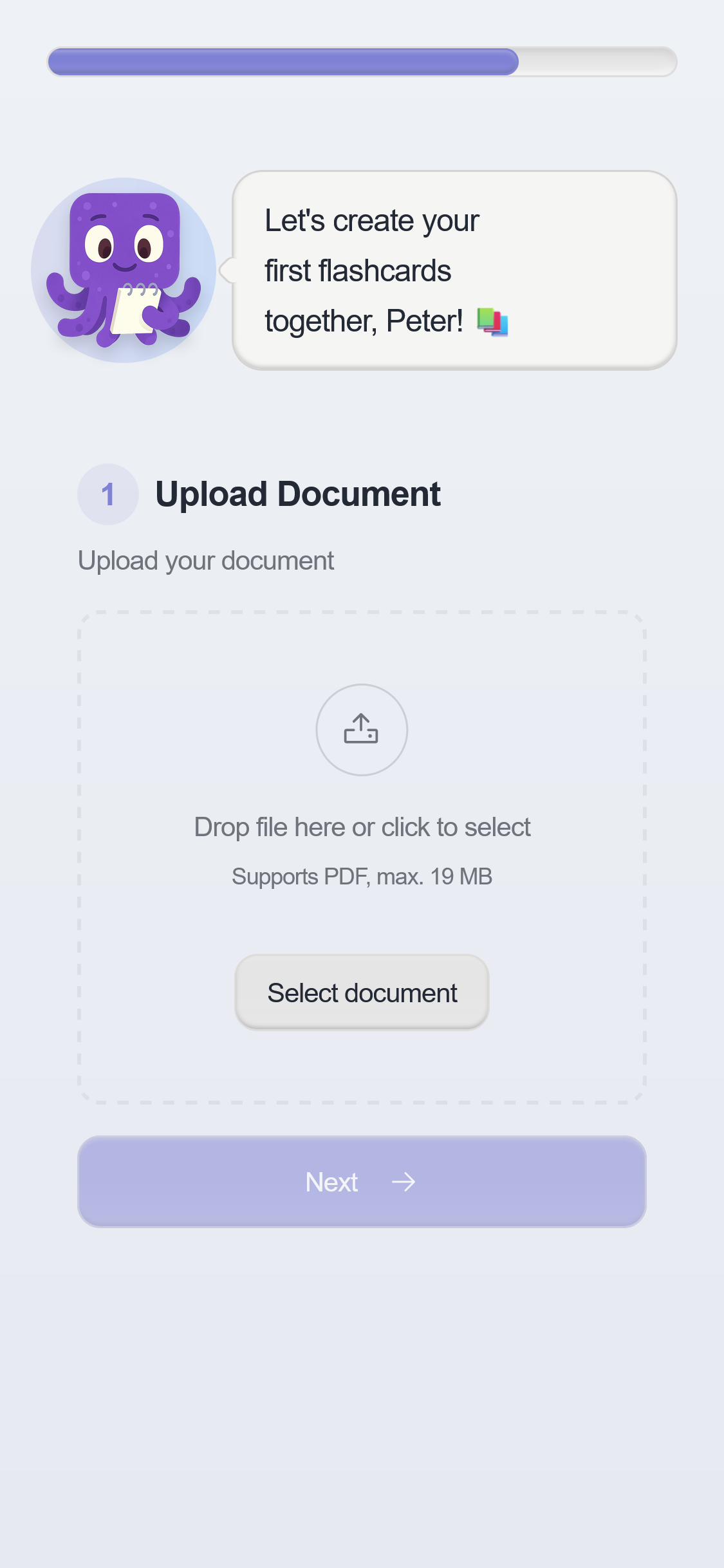 Screenshot of the okti AI learning app onboarding, showing the option to upload a document to generate free AI flashcards automatically.