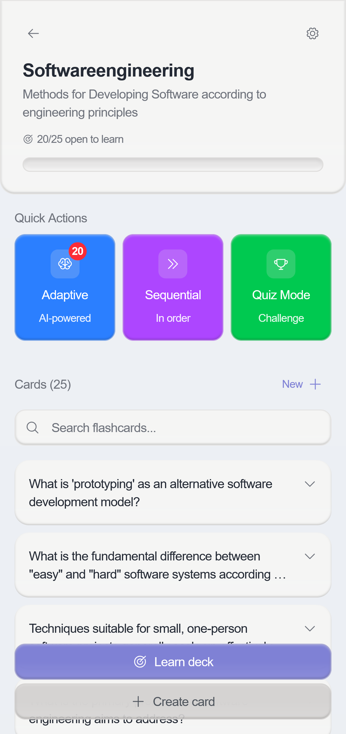 Screenshot of the study mode in the okti AI app, showing a list of flashcards and different study modes: "Adaptive", "Sequential", and "Quiz Mode".