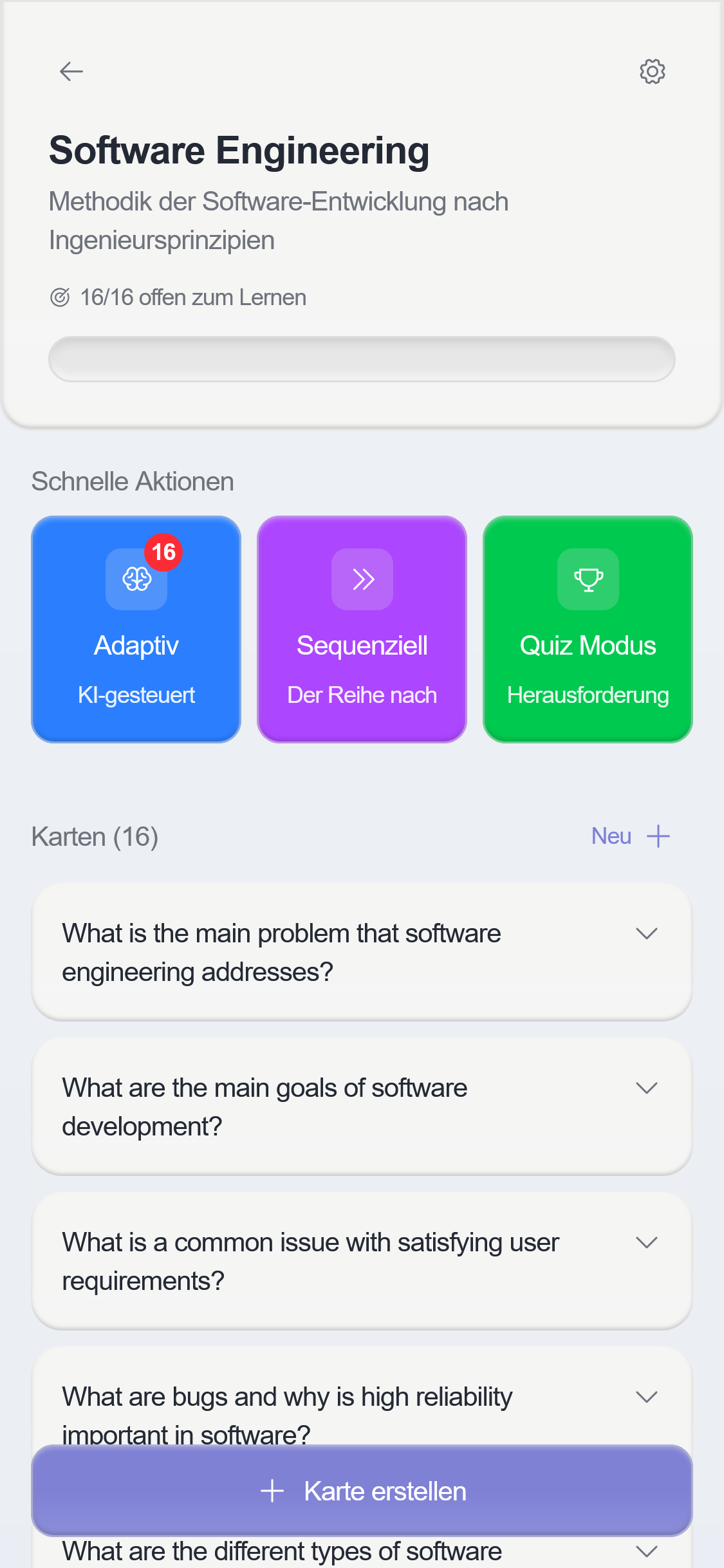 Ein Screenshot zeigt die Lernansicht in der KI-Lernapp okti. In dem Deck sind alle Karteikarten in einem modernen Design aufgelistet und es kann zwischen verschiedenen Lernmodi: "Adaptiv", "Sequenziell" und "Quiz Modus" gewählt werden.