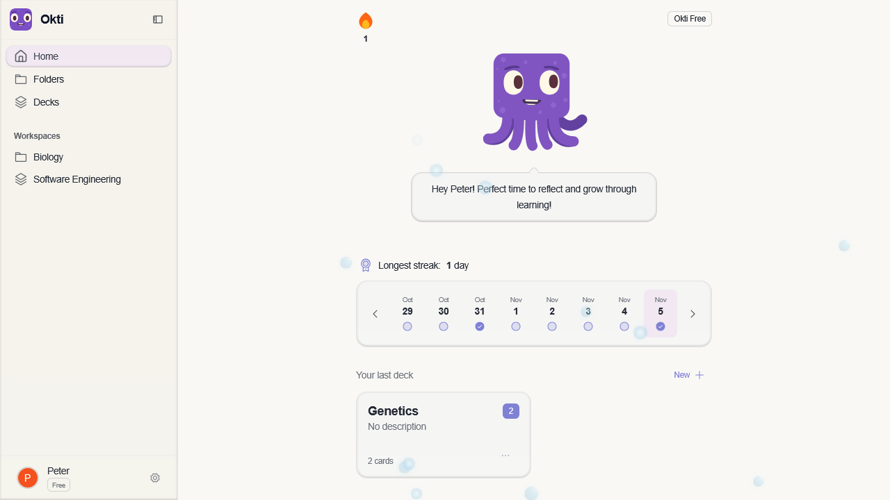 Screenshot of the okti AI learning web app showing the home screen with the octopus mascot, a streak calendar and the most recent decks