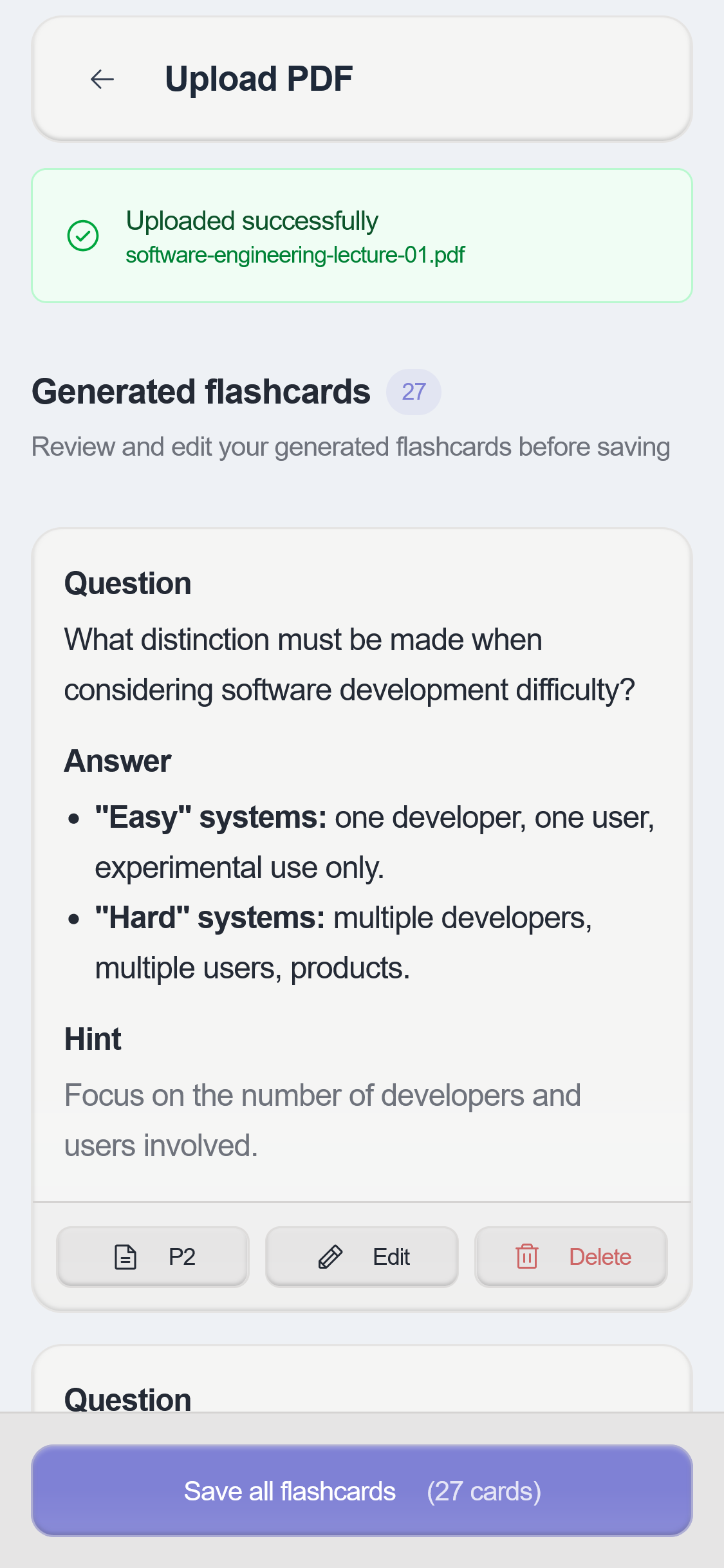 Screenshot showing the review screen in okti for AI-generated flashcards. Users can edit, delete, or save all cards.