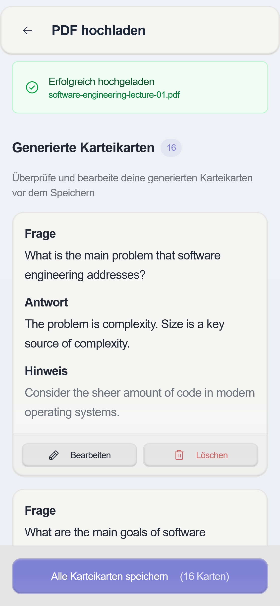 Ein Screenshot zeigt wie man die KI generierten Karteikarten in der Lernapp okti überprüfen kann. Die Karteikarten sind in einer Liste aufgelistet und können einzeln bearbeitet oder gelöscht werden. Unten ist der Button "Alle Karteikarten speichern" sichtbar.